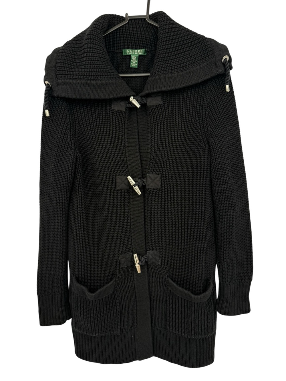 Lauren Ralph Lauren Black Chunky Knit Toggle Fisherman Sweater Shawl Collar M